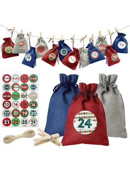 Чанта с коледен календар | Подарък чанта с завязками за обратно отброяване Коледа | Набор от чанти, с адвент-календар на 24 дни